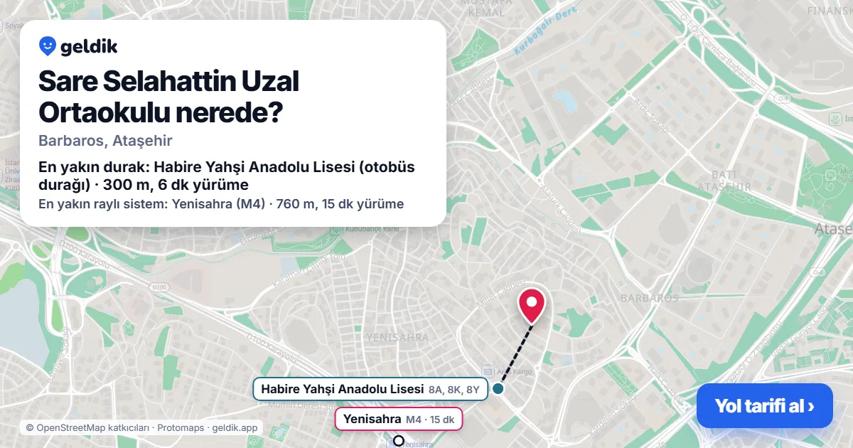 Sare Selahattin Uzal Ortaokulu nerede: haritada konumu ve en yakın duraklar, yürüme süreleriyle