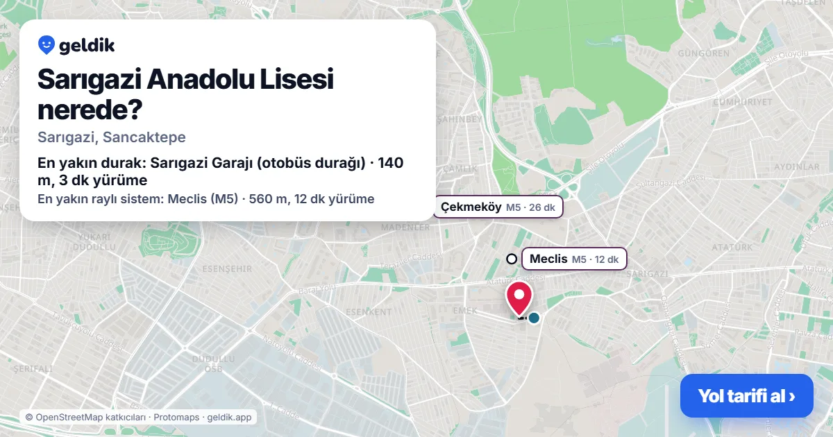 Sarıgazi Anadolu Lisesi nerede: haritada konumu ve en yakın duraklar, yürüme süreleriyle