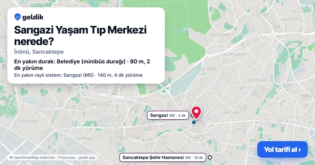 Sarıgazi Yaşam Tıp Merkezi nerede: haritada konumu ve en yakın duraklar, yürüme süreleriyle