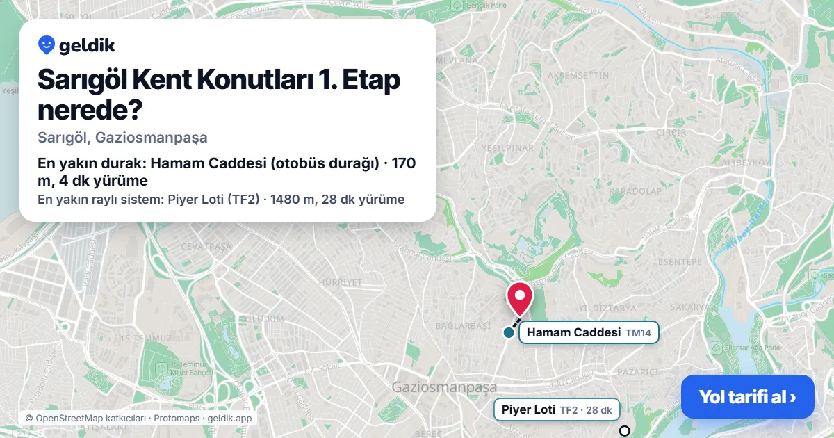 Sarıgöl Kent Konutları 1. Etap nerede: haritada konumu ve en yakın duraklar, yürüme süreleriyle