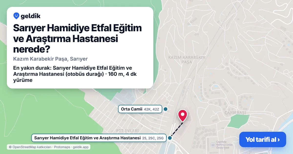 Sarıyer Hamidiye Etfal Eğitim ve Araştırma Hastanesi nerede: haritada konumu ve en yakın duraklar, yürüme süreleriyle