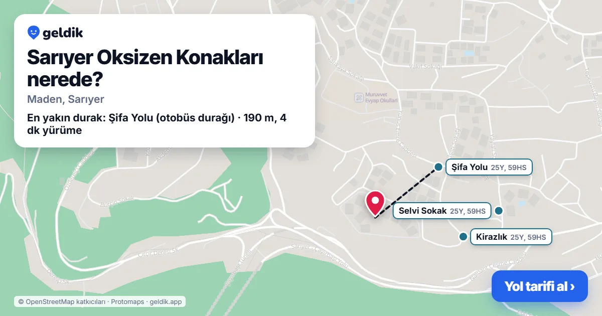 Where is Sarıyer Oksizen Konakları: map with its location and the nearest stops, with walking times