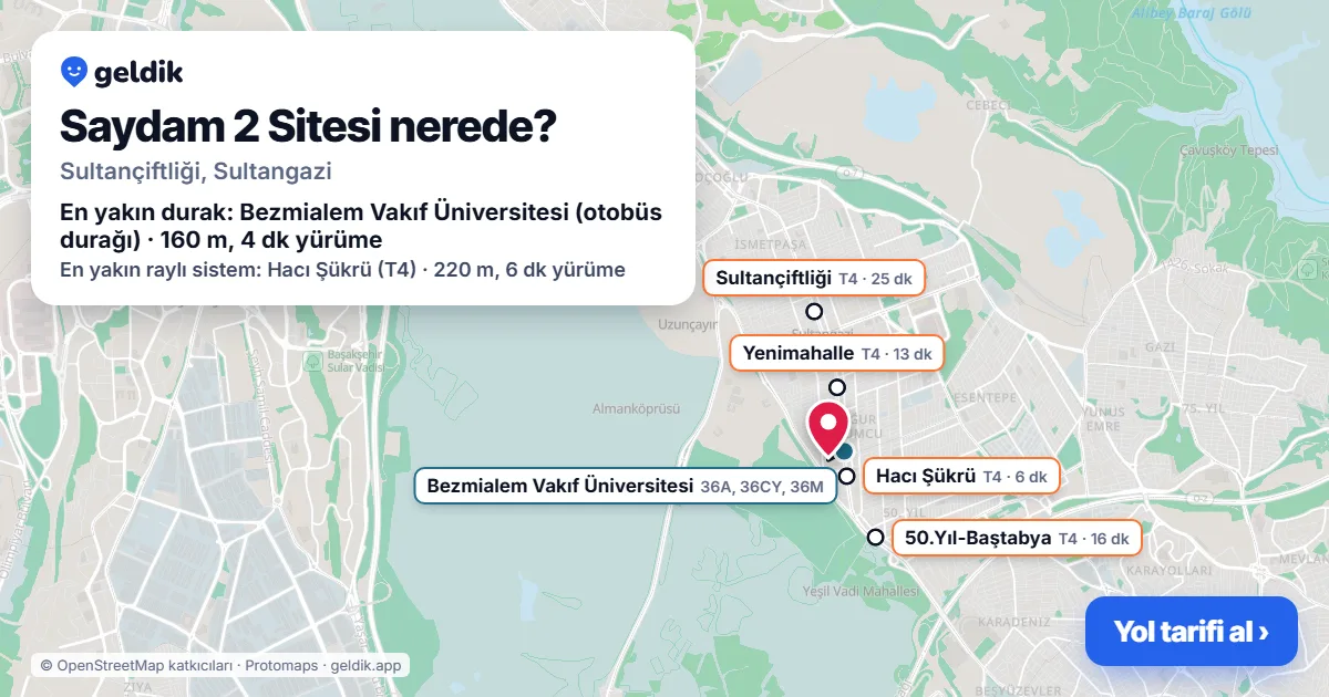Where is Saydam 2 Sitesi: map with its location and the nearest stops, with walking times