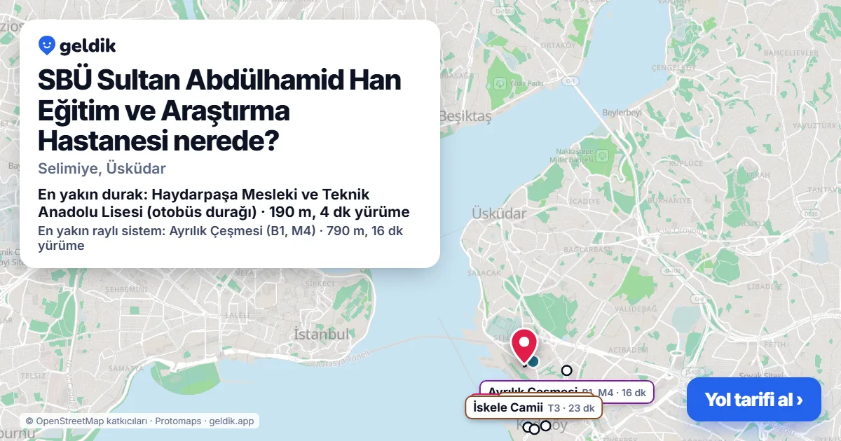 Where is SBÜ Sultan Abdülhamid Han Eğitim ve Araştırma Hastanesi: map with its location and the nearest stops, with walking times