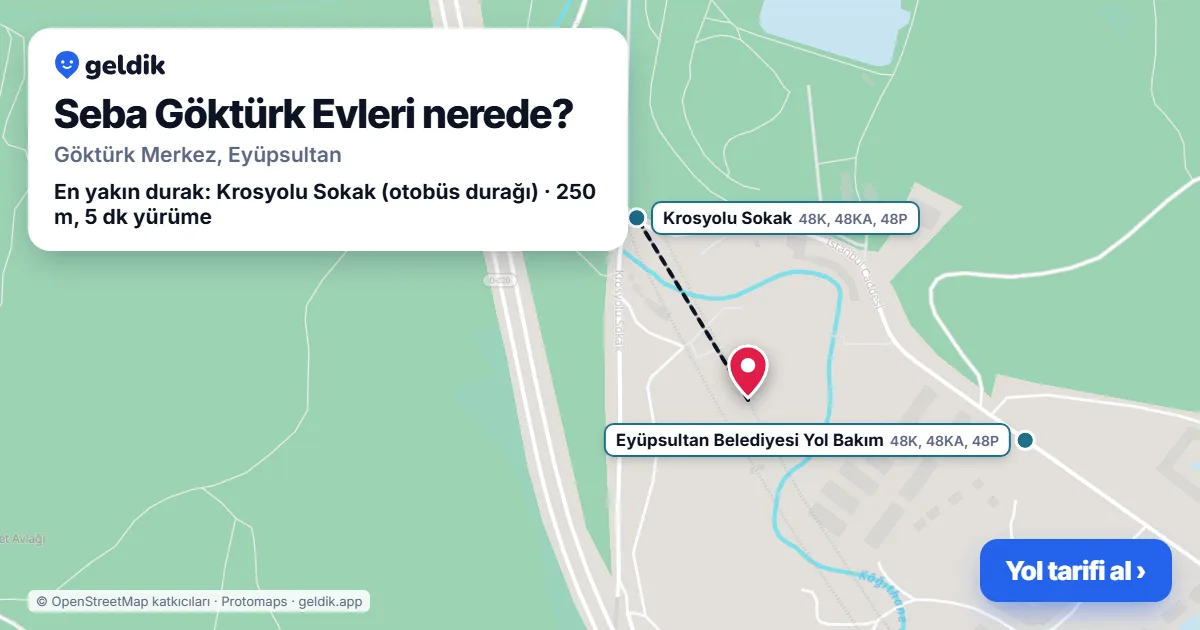 Seba Göktürk Evleri nerede: haritada konumu ve en yakın duraklar, yürüme süreleriyle