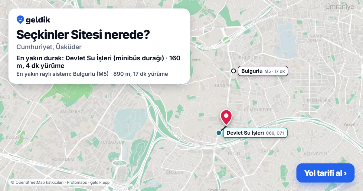 Where is Seçkinler Sitesi: map with its location and the nearest stops, with walking times
