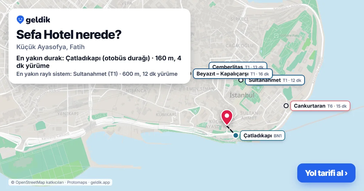 Sefa Hotel nerede: haritada konumu ve en yakın duraklar, yürüme süreleriyle