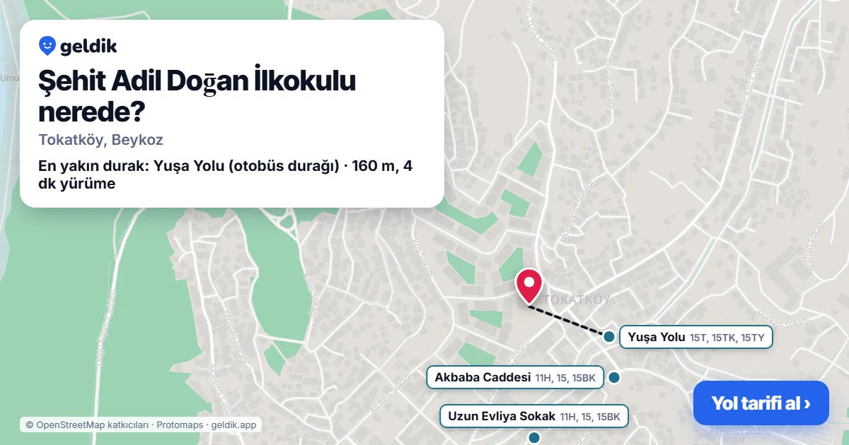 Şehit Adil Doḡan İlkokulu nerede: haritada konumu ve en yakın duraklar, yürüme süreleriyle