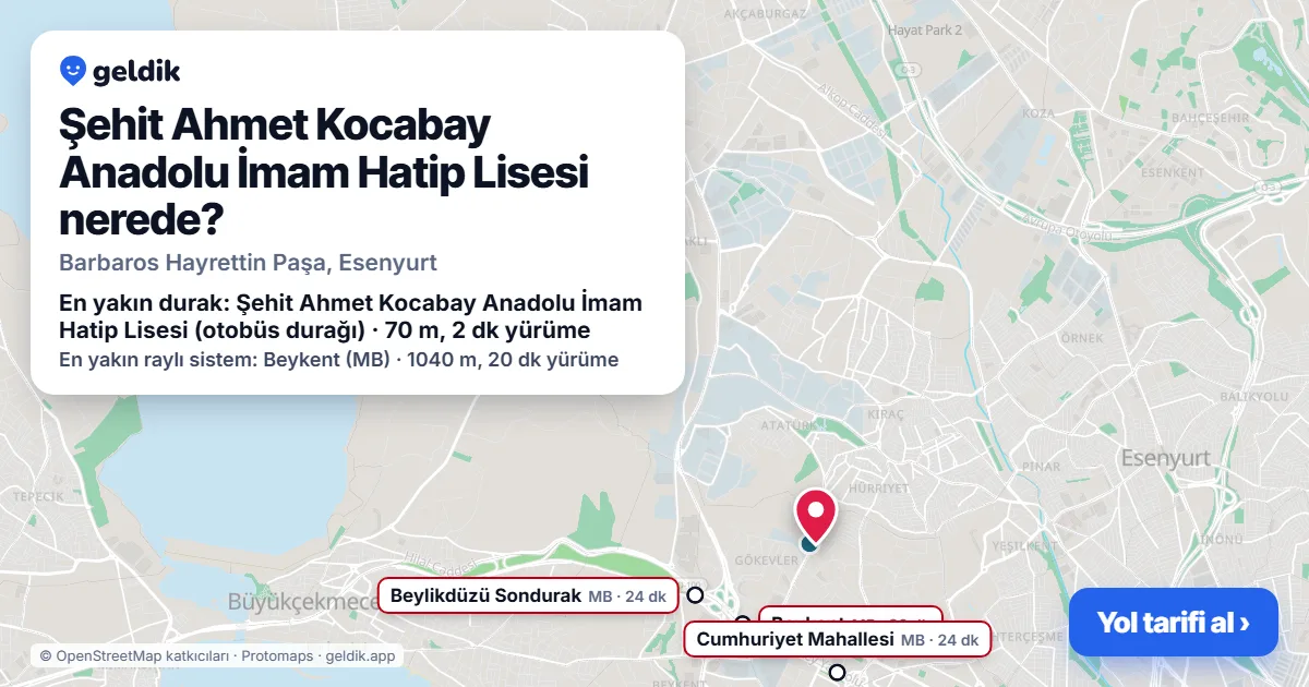 Where is Şehit Ahmet Kocabay Anadolu İmam Hatip Lisesi: map with its location and the nearest stops, with walking times
