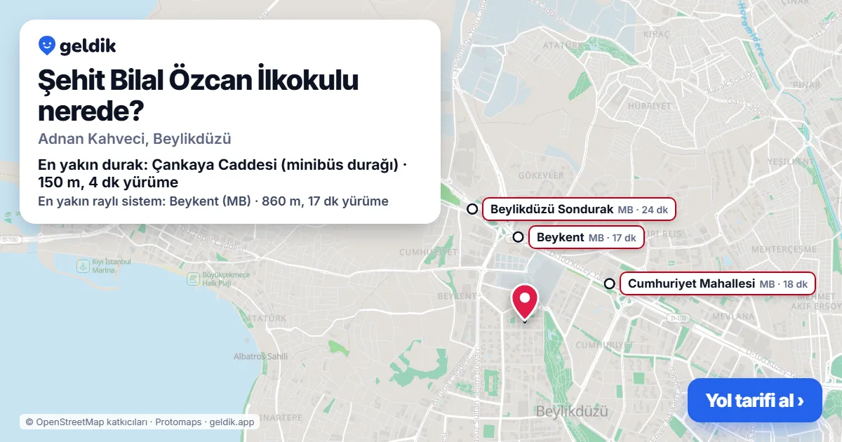 Where is Şehit Bilal Özcan İlkokulu: map with its location and the nearest stops, with walking times