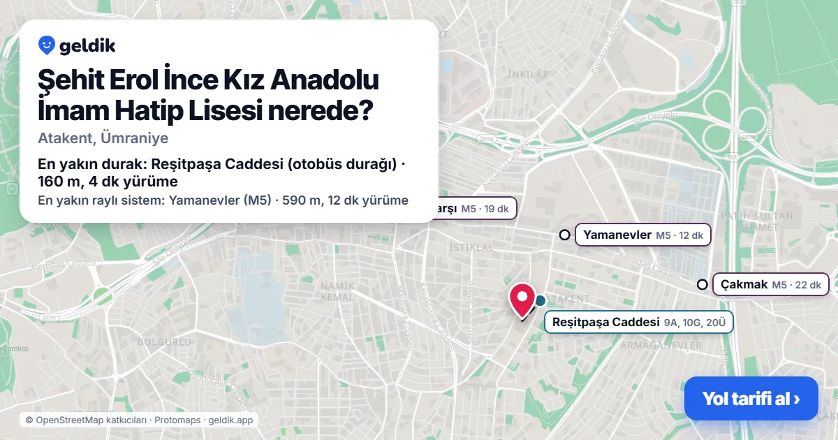 Where is Şehit Erol İnce Kız Anadolu İmam Hatip Lisesi: map with its location and the nearest stops, with walking times