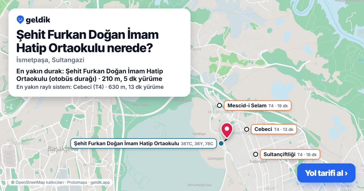 Şehit Furkan Doğan İmam Hatip Ortaokulu nerede: haritada konumu ve en yakın duraklar, yürüme süreleriyle