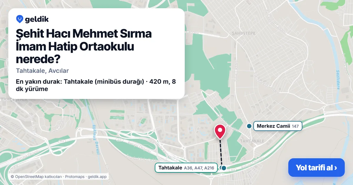 Şehit Hacı Mehmet Sırma İmam Hatip Ortaokulu nerede: haritada konumu ve en yakın duraklar, yürüme süreleriyle
