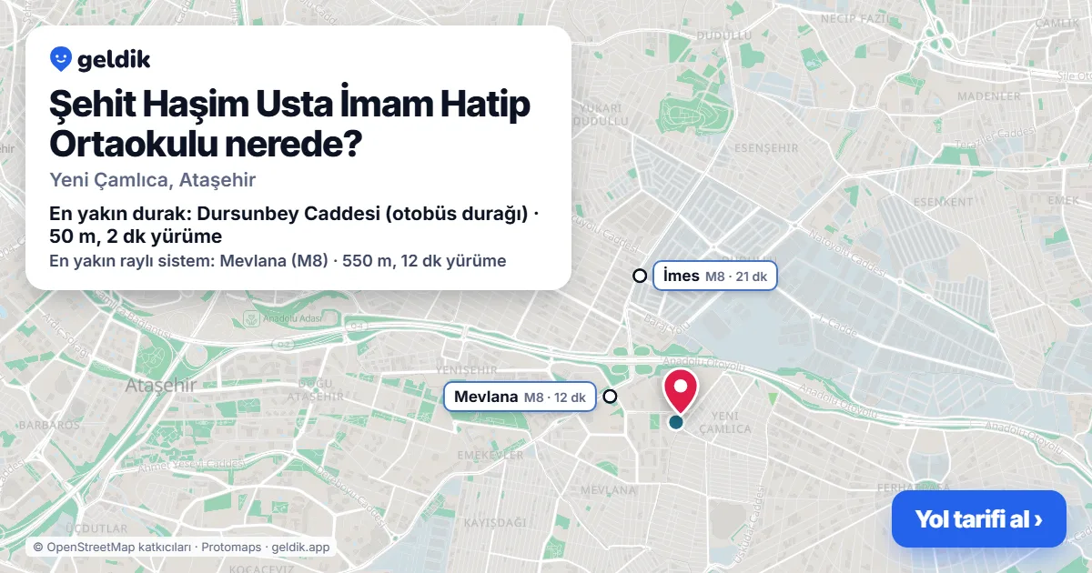 Şehit Haşim Usta İmam Hatip Ortaokulu nerede: haritada konumu ve en yakın duraklar, yürüme süreleriyle