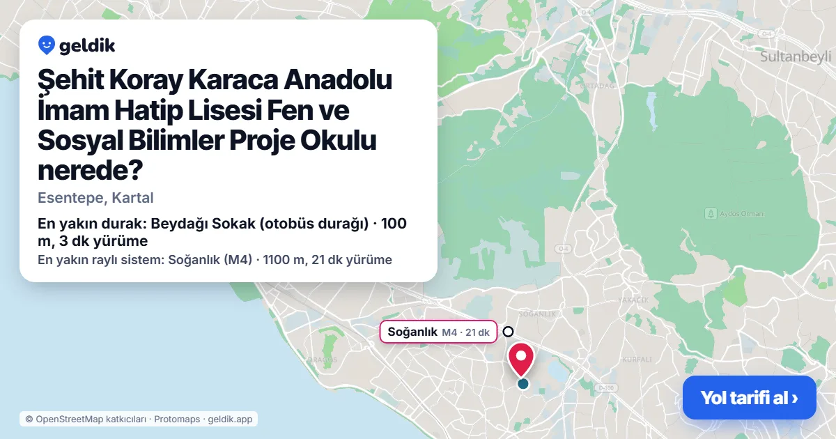 Şehit Koray Karaca Anadolu İmam Hatip Lisesi Fen ve Sosyal Bilimler Proje Okulu nerede: haritada konumu ve en yakın duraklar, yürüme süreleriyle