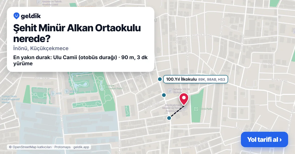Şehit Minür Alkan Ortaokulu nerede: haritada konumu ve en yakın duraklar, yürüme süreleriyle
