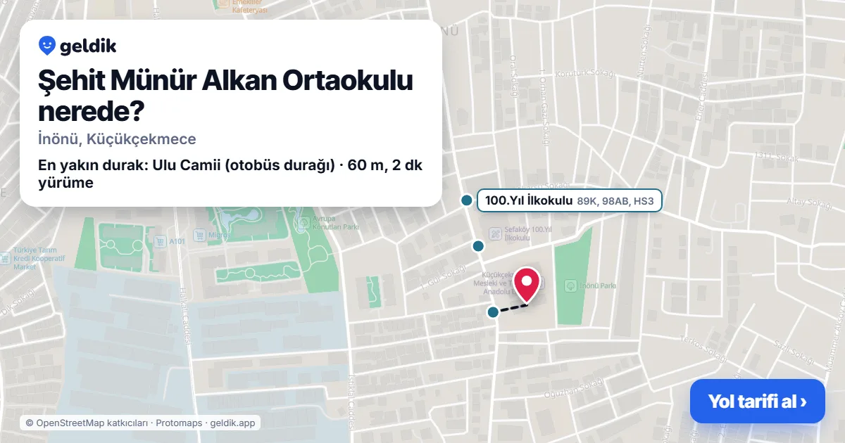 Şehit Münür Alkan Ortaokulu nerede: haritada konumu ve en yakın duraklar, yürüme süreleriyle