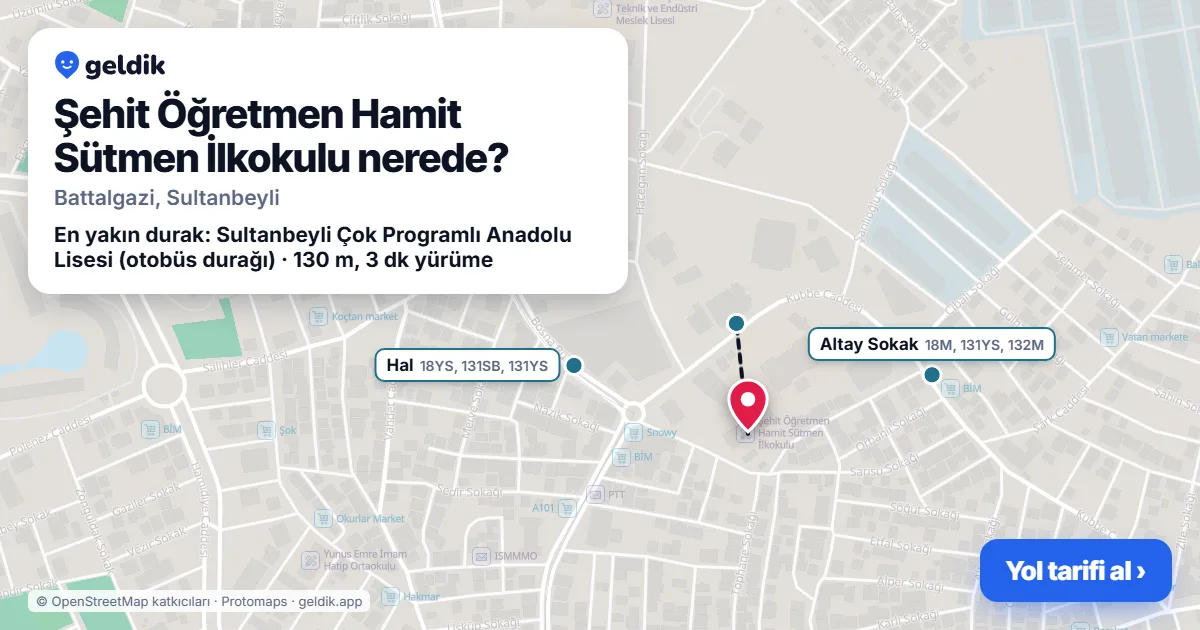 Where is Şehit Öğretmen Hamit Sütmen İlkokulu: map with its location and the nearest stops, with walking times