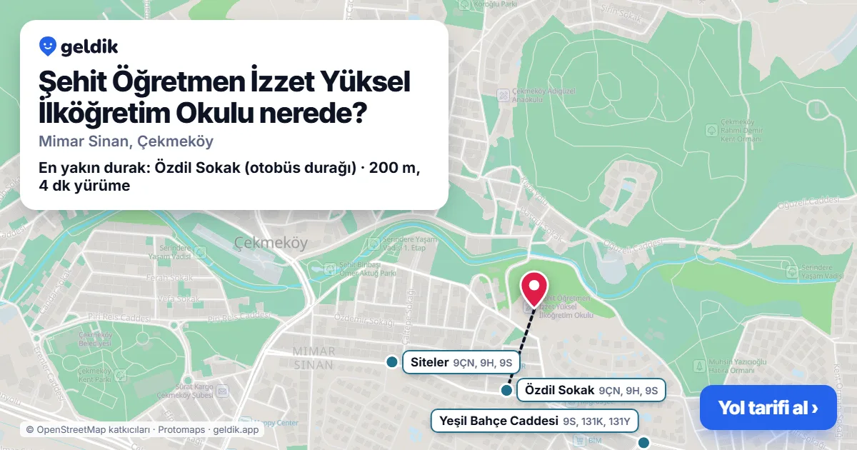 Where is Şehit Öğretmen İzzet Yüksel İlköğretim Okulu: map with its location and the nearest stops, with walking times