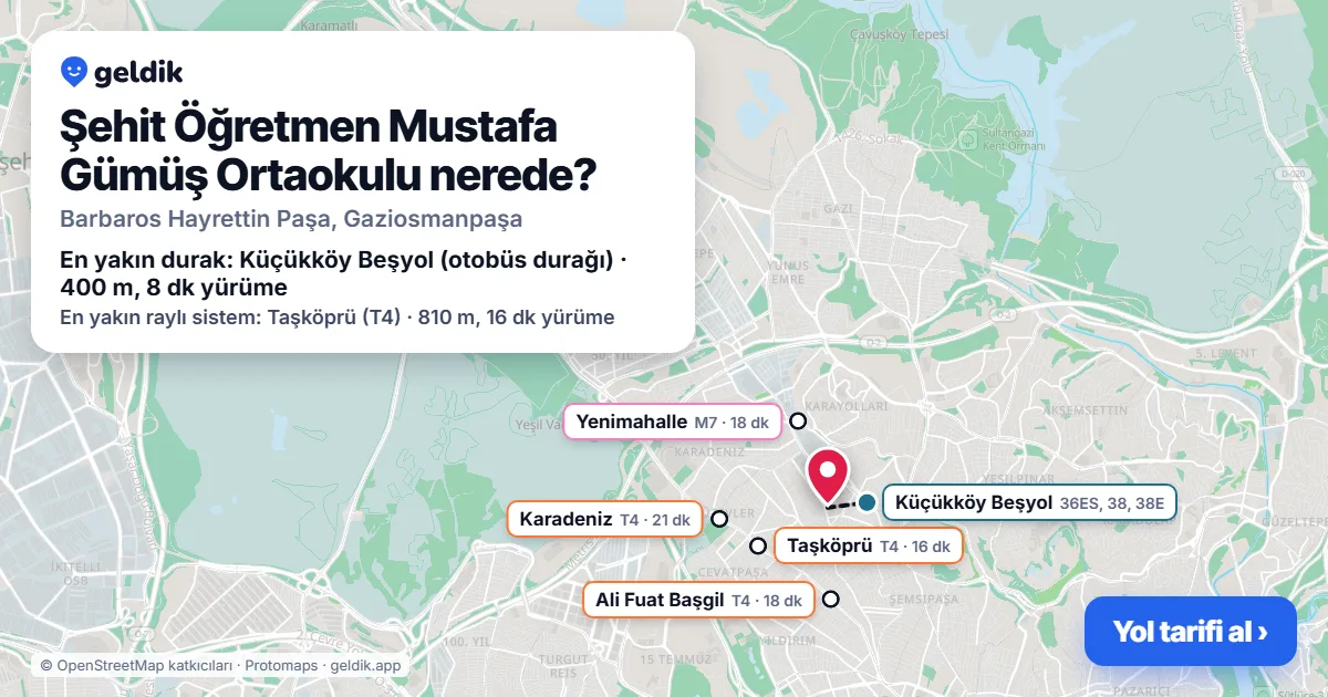Where is Şehit Öğretmen Mustafa Gümüş Ortaokulu: map with its location and the nearest stops, with walking times