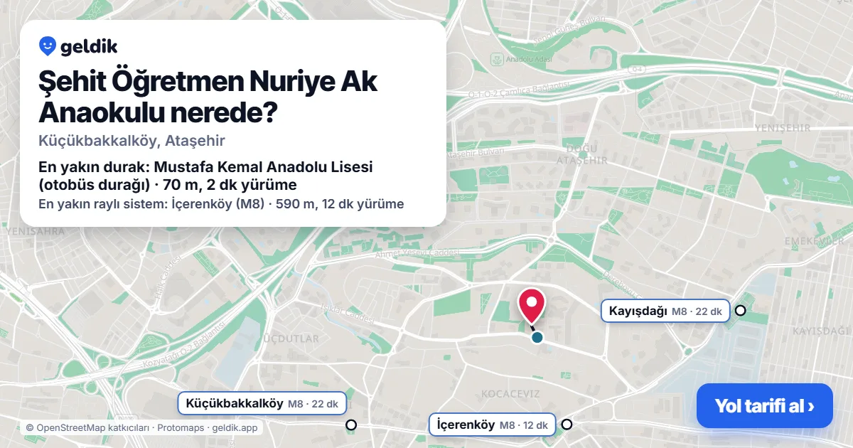 Şehit Öğretmen Nuriye Ak Anaokulu nerede: haritada konumu ve en yakın duraklar, yürüme süreleriyle