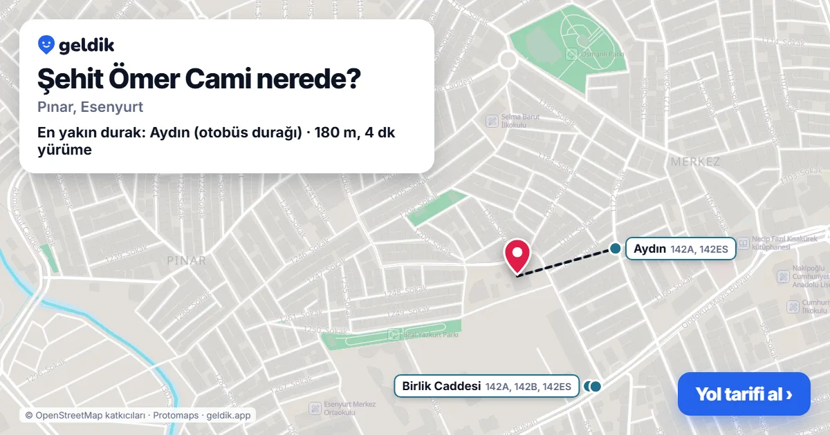 Şehit Ömer Cami nerede: haritada konumu ve en yakın duraklar, yürüme süreleriyle