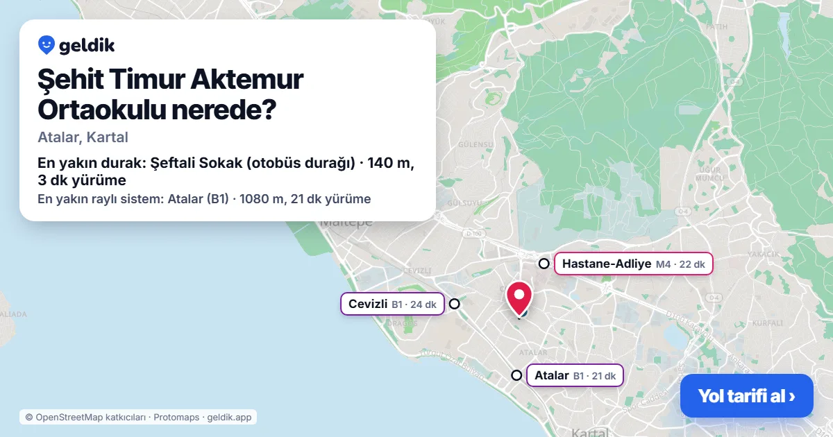 Şehit Timur Aktemur Ortaokulu nerede: haritada konumu ve en yakın duraklar, yürüme süreleriyle