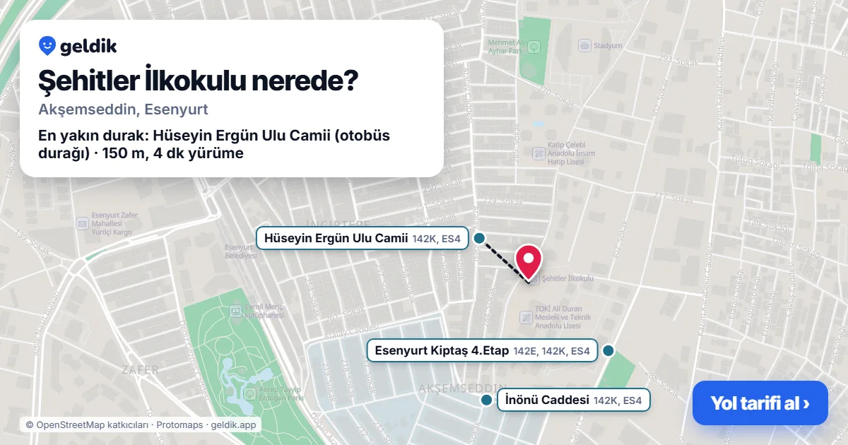 Where is Şehitler İlkokulu: map with its location and the nearest stops, with walking times