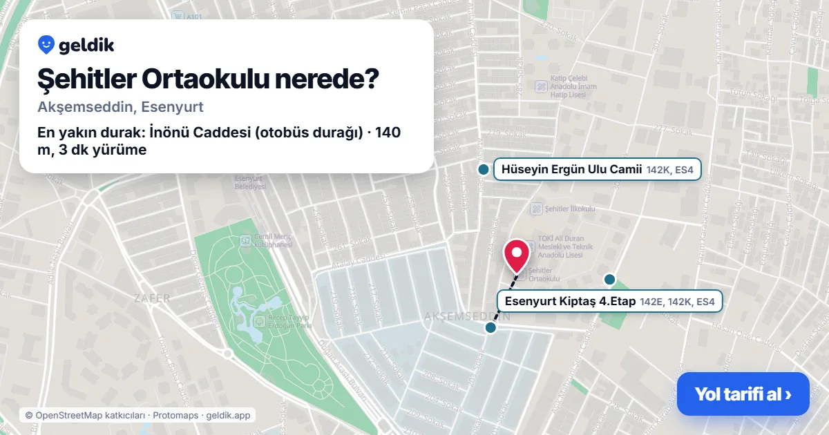 Şehitler Ortaokulu nerede: haritada konumu ve en yakın duraklar, yürüme süreleriyle