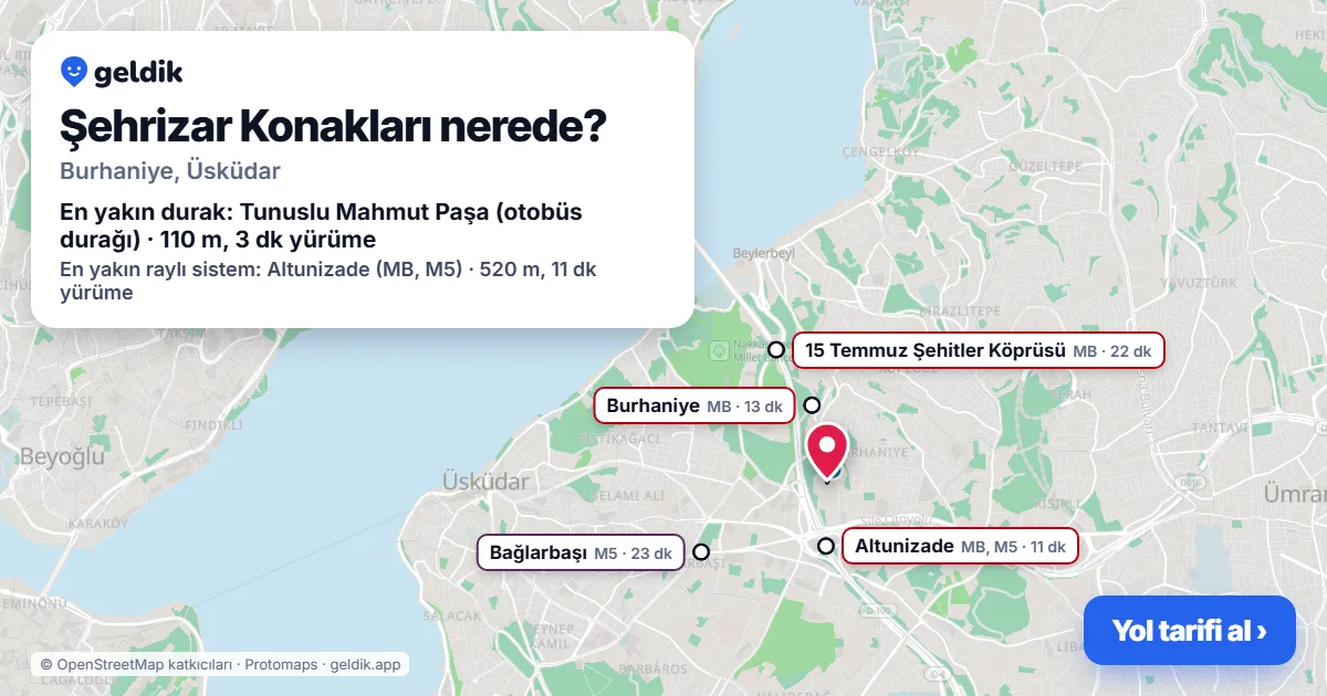 Where is Şehrizar Konakları: map with its location and the nearest stops, with walking times