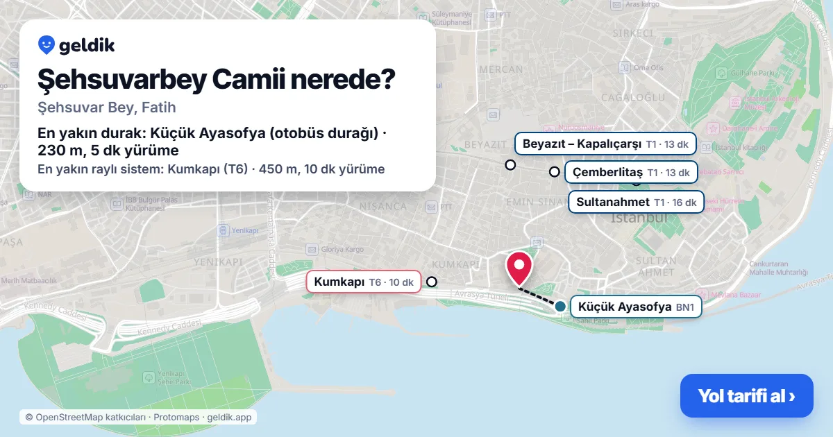 Where is Şehsuvarbey Camii: map with its location and the nearest stops, with walking times