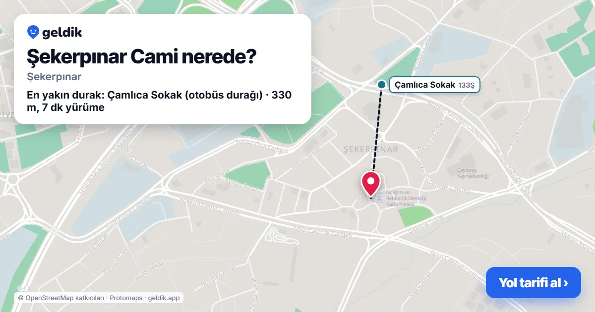 Where is Şekerpınar Cami: map with its location and the nearest stops, with walking times