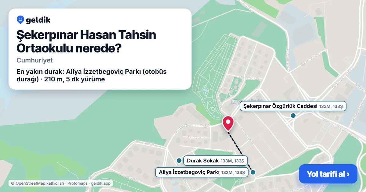 Where is Şekerpınar Hasan Tahsin Ortaokulu: map with its location and the nearest stops, with walking times