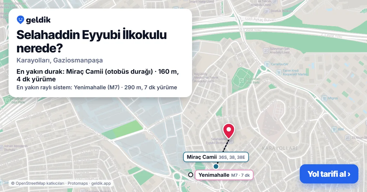 Where is Selahaddin Eyyubi İlkokulu: map with its location and the nearest stops, with walking times