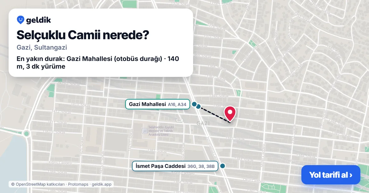Where is Selçuklu Camii: map with its location and the nearest stops, with walking times