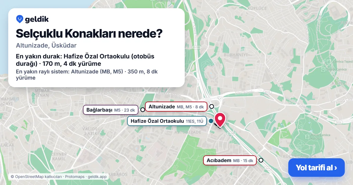 Selçuklu Konakları nerede: haritada konumu ve en yakın duraklar, yürüme süreleriyle