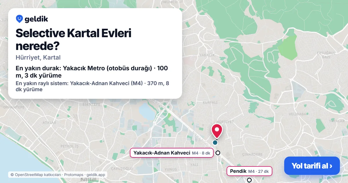 Selective Kartal Evleri nerede: haritada konumu ve en yakın duraklar, yürüme süreleriyle