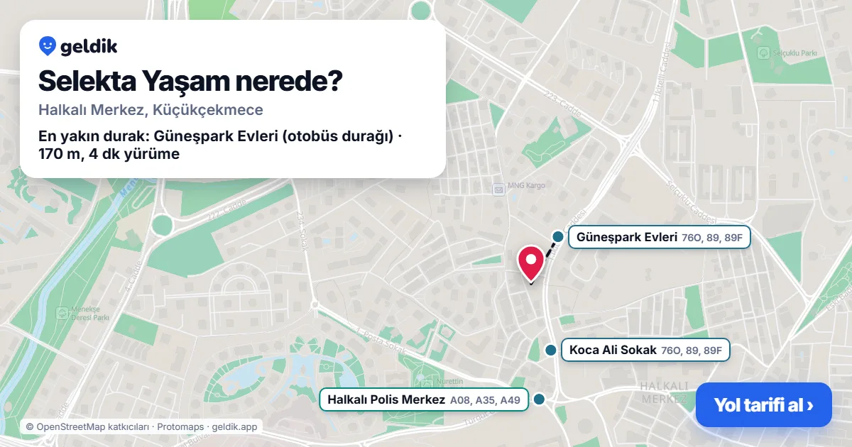 Selekta Yaşam nerede: haritada konumu ve en yakın duraklar, yürüme süreleriyle