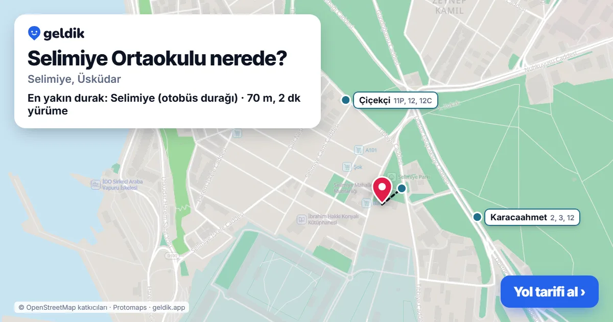 Selimiye Ortaokulu nerede: haritada konumu ve en yakın duraklar, yürüme süreleriyle
