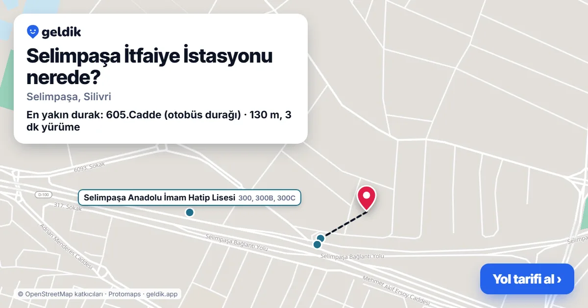 Selimpaşa İtfaiye İstasyonu nerede: haritada konumu ve en yakın duraklar, yürüme süreleriyle