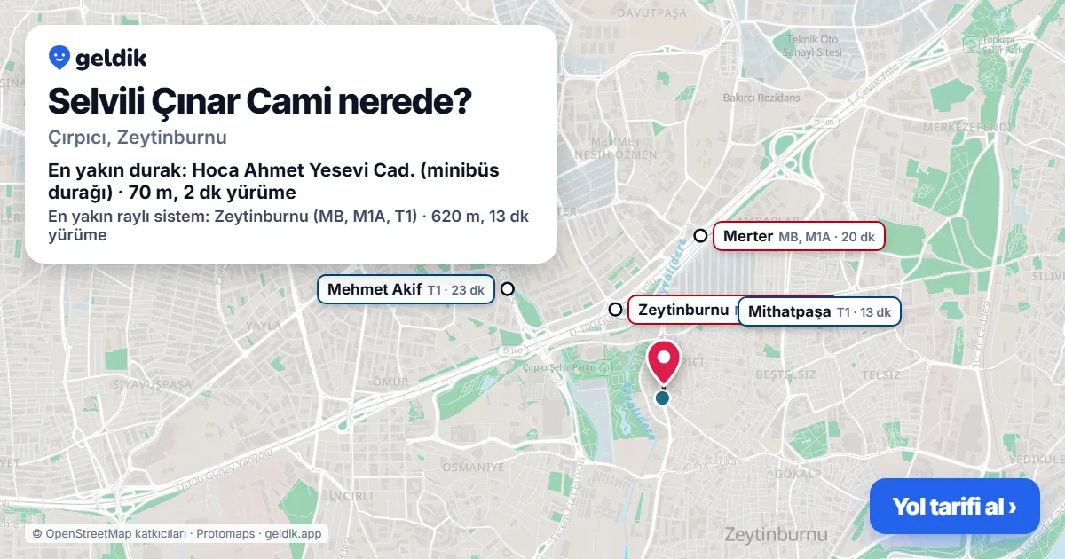 Selvili Çınar Cami nerede: haritada konumu ve en yakın duraklar, yürüme süreleriyle