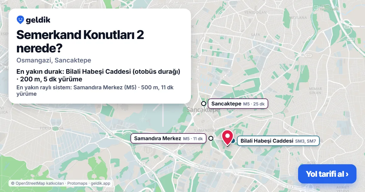 Semerkand Konutları 2 nerede: haritada konumu ve en yakın duraklar, yürüme süreleriyle