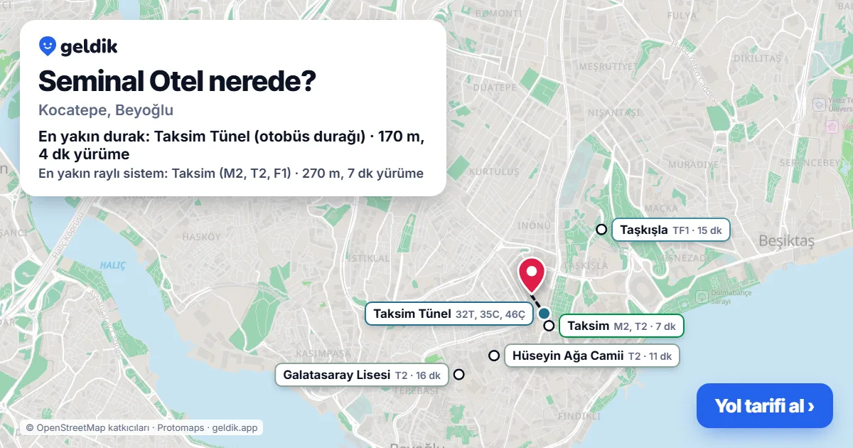 Where is Seminal Otel: map with its location and the nearest stops, with walking times