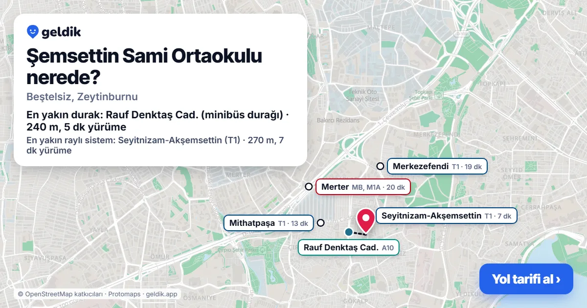 Where is Şemsettin Sami Ortaokulu: map with its location and the nearest stops, with walking times