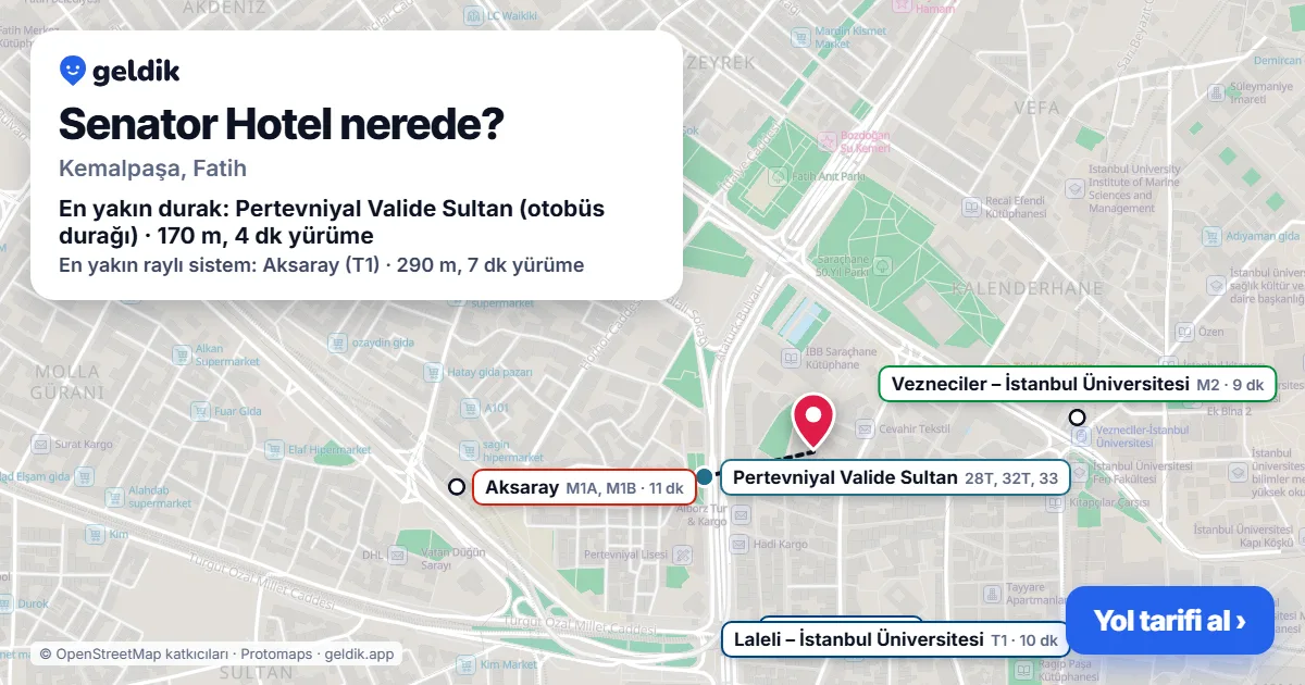 Senator Hotel nerede: haritada konumu ve en yakın duraklar, yürüme süreleriyle