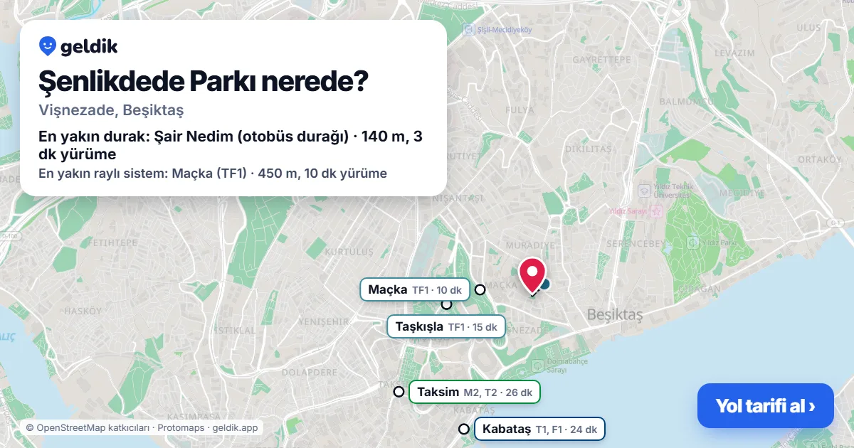 Şenlikdede Parkı nerede: haritada konumu ve en yakın duraklar, yürüme süreleriyle
