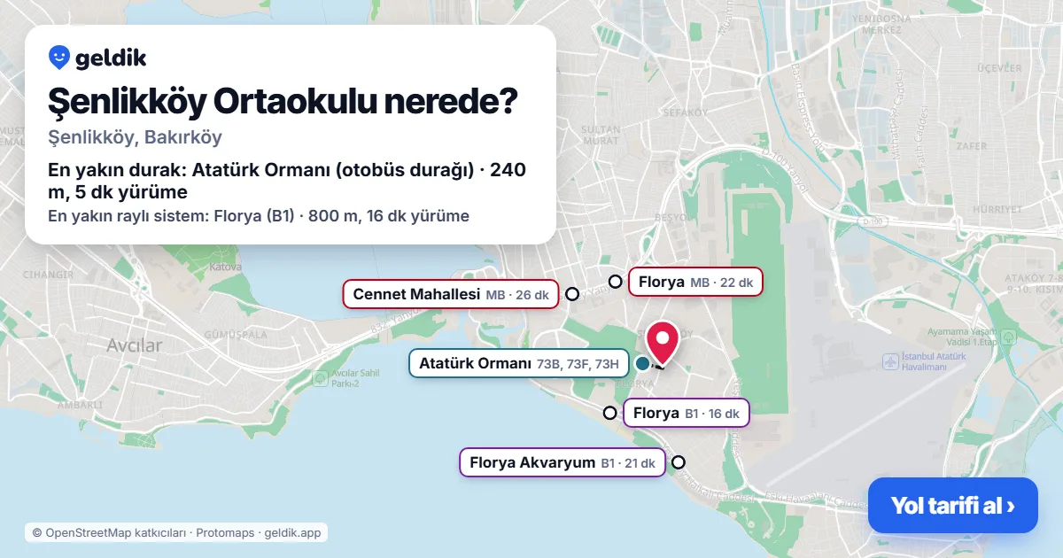 Şenlikköy Ortaokulu nerede: haritada konumu ve en yakın duraklar, yürüme süreleriyle