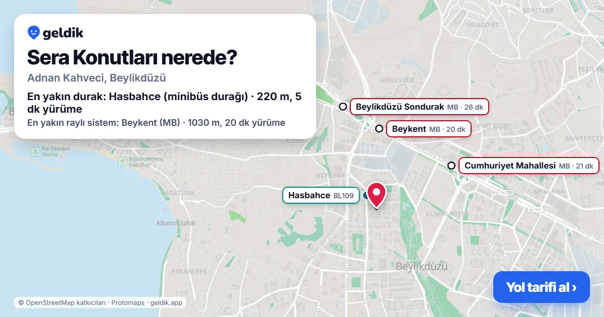Sera Konutları nerede: haritada konumu ve en yakın duraklar, yürüme süreleriyle