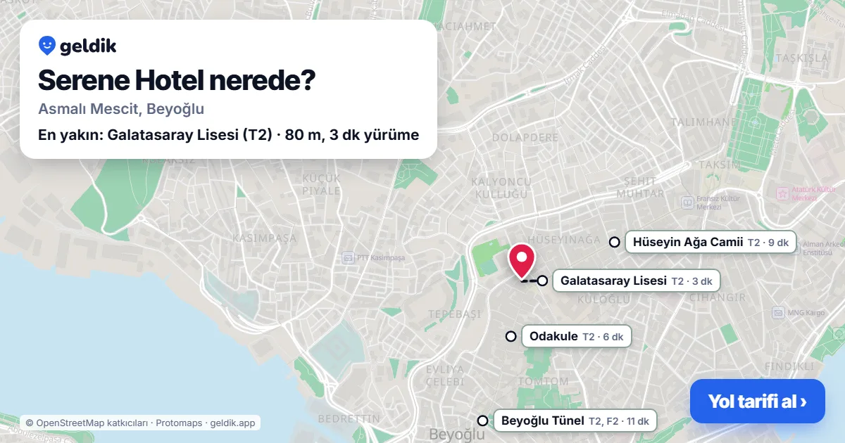 Where is Serene Hotel: map with its location and the nearest stops, with walking times