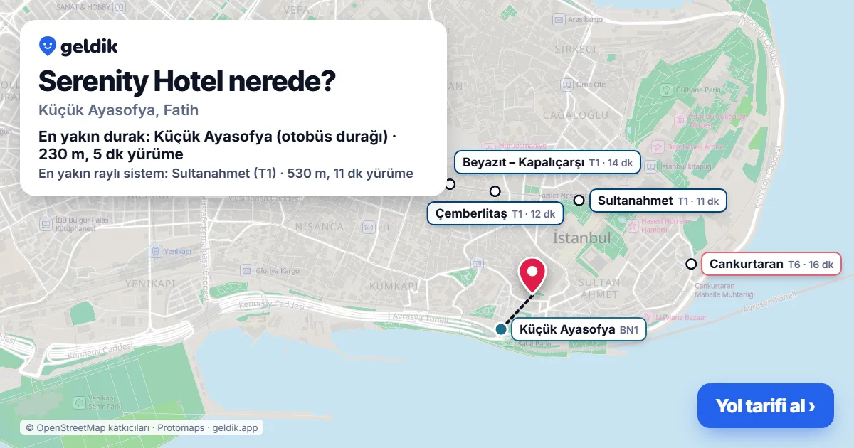 Where is Serenity Hotel: map with its location and the nearest stops, with walking times